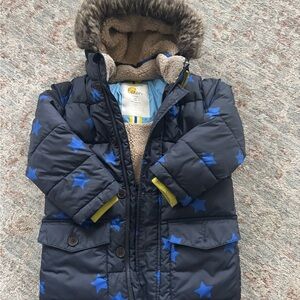 Boden Beige Sherpa Jacket with Light Blue Lining and Yellow Trim